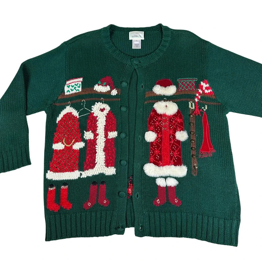 Susan Bristol Vintage 90s Christmas Cardigan Sweater Green Embroidered Novelty